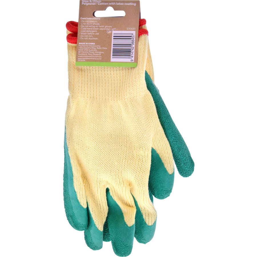 Green Gardener small green latex knit gloves for comfortable and durable gardening, protecting hands from dirt and abrasions.