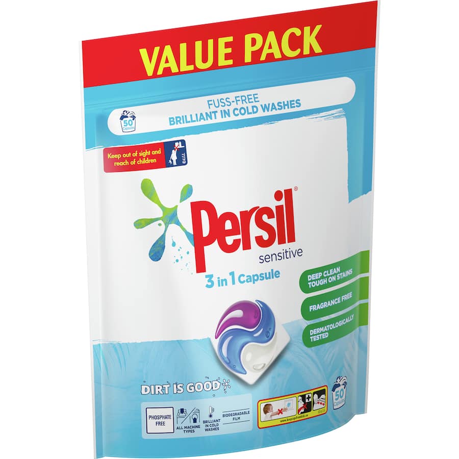 Persil Laundry Capsules 3 In 1 Sensitive Value Pack offers effective, gentle cleaning for sensitive skin, with easy single-dose convenience.