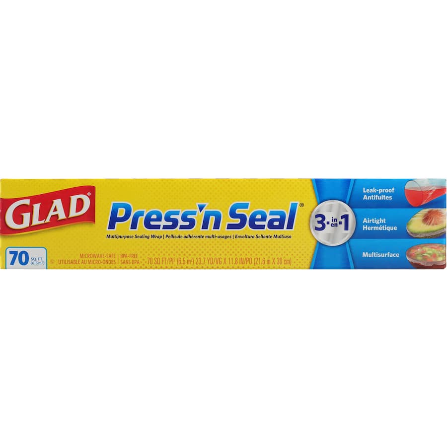 Glad Plastic Wrap Press N Seal features a leak-proof, airtight seal with Griptex technology for versatile food storage and freshness.