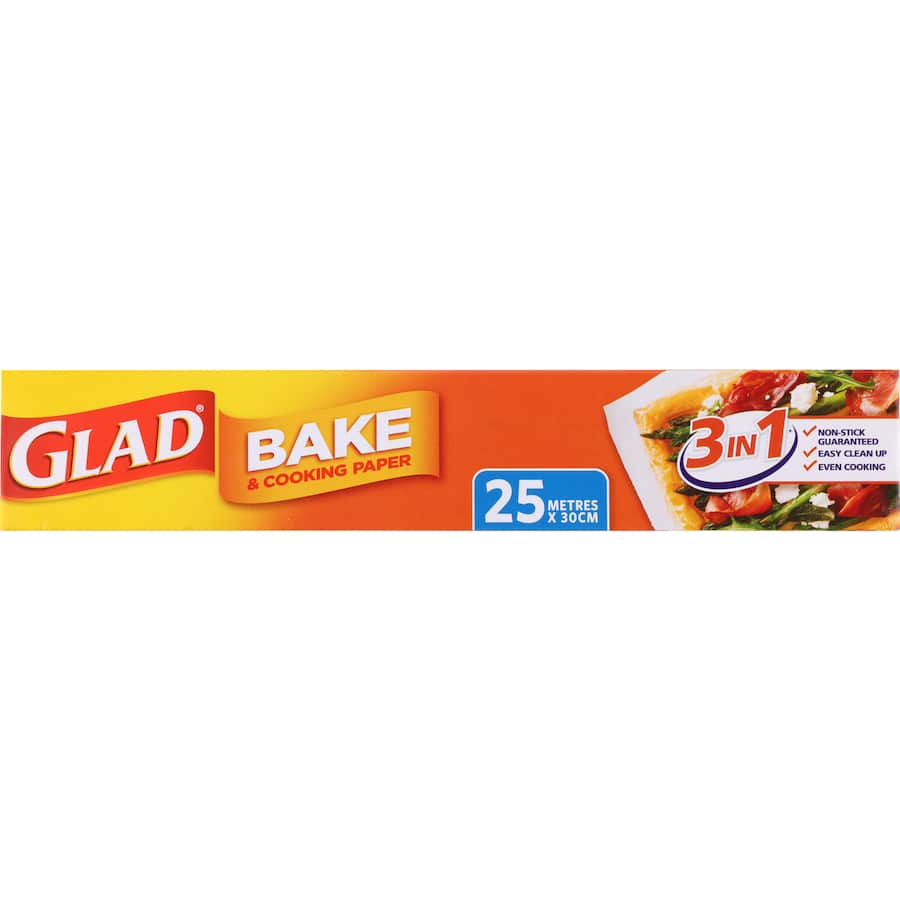 Glad Baking Paper roll, non-stick and eco-friendly, perfect for baking cookies, cakes, and roasting vegetables effortlessly.
