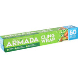 Clear plastic wrap on a roll, designed for maximum stretch and cling to keep food fresh, microwave-safe, and freezer-safe.