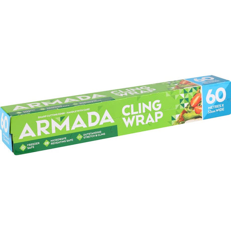 Clear plastic wrap on a roll, designed for maximum stretch and cling to keep food fresh, microwave-safe, and freezer-safe.