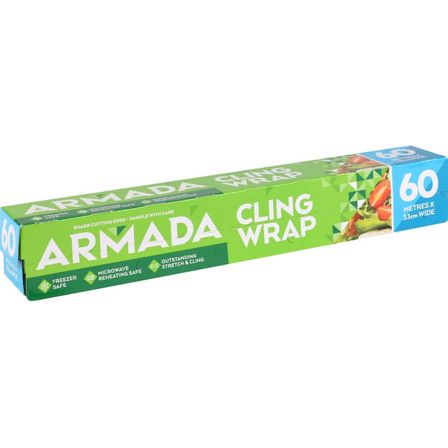 Clear plastic wrap on a roll, designed for maximum stretch and cling to keep food fresh, microwave-safe, and freezer-safe.