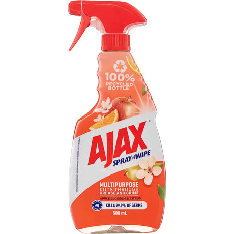 Ajax Spray N Wipe, a multipurpose antibacterial cleaner in a 500mL bottle with a refreshing apple and citrus scent.