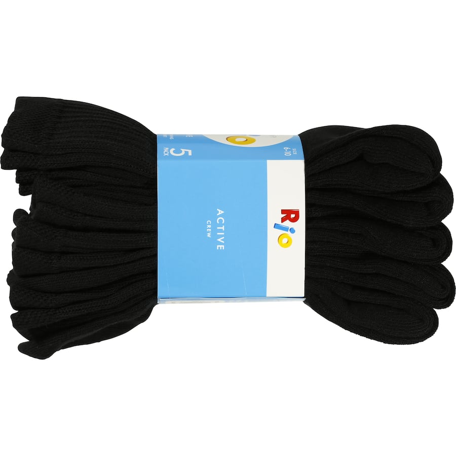 Rio Mens Socks Sport Crew Black Size 6-10 5pr