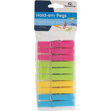 Brightly colored durable plastic clothes pegs, packed in 20, perfect for hanging laundry or crafting projects.