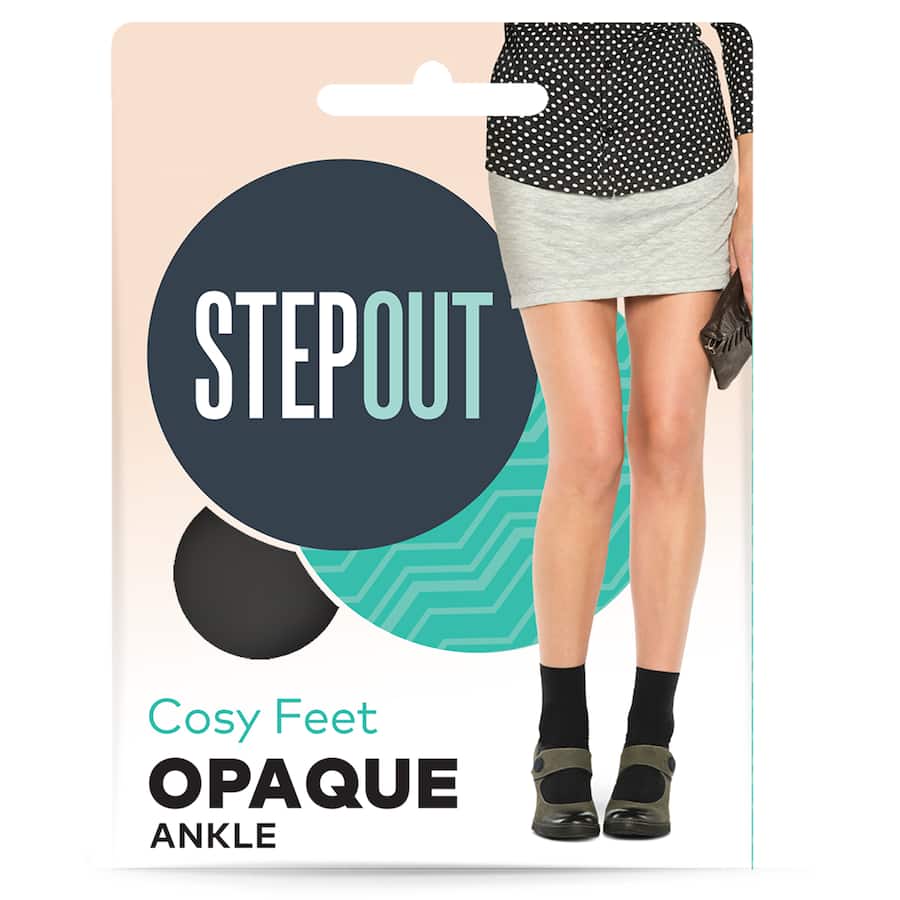 Stepout Anklet Black Opaque featuring luxurious 70 denier fabric, wide ankle band, and reinforced toe for comfort and style.