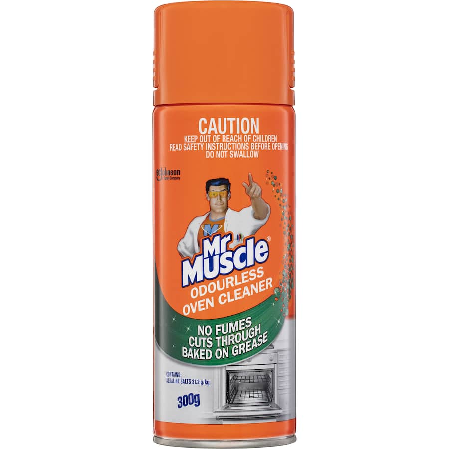 Mr Muscle Oven Cleaner: non-caustic, odourless formula for effective cleaning of tough grease, safe for homes with children.