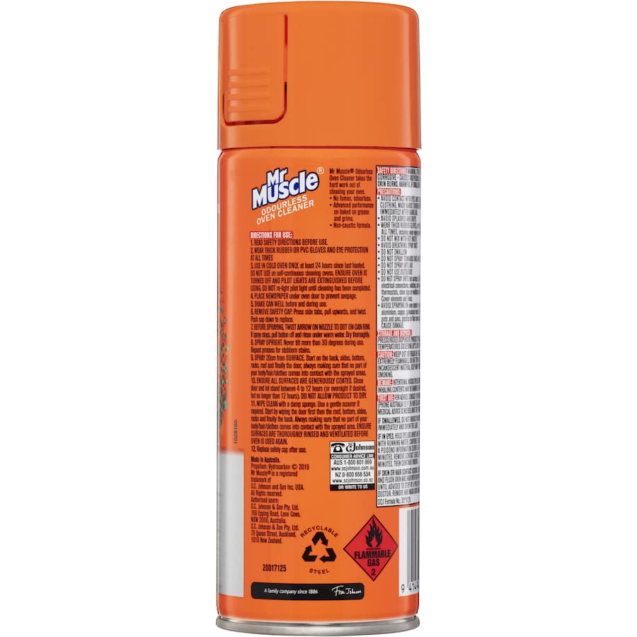 Mr Muscle Oven Cleaner with non-caustic, odourless formula effectively removes tough grease and grime safely, ideal for sensitive households.