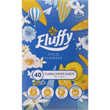 Fluffy Dryer Sheets in Field Flowers scent, offering softness, static reduction, and versatility for freshening spaces.