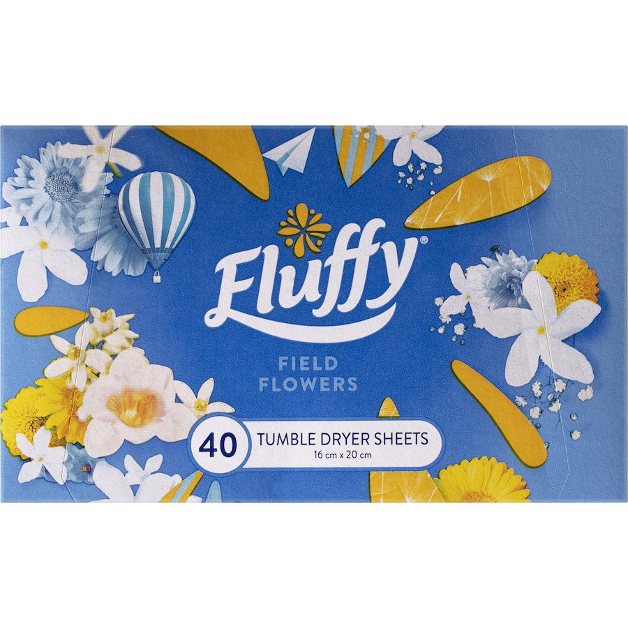 Fluffy dryer sheets with field flowers scent, softening laundry and reducing static for fresh-smelling, soft fabrics.