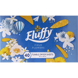 Fluffy dryer sheets with field flowers scent, softening laundry and reducing static for fresh-smelling, soft fabrics.