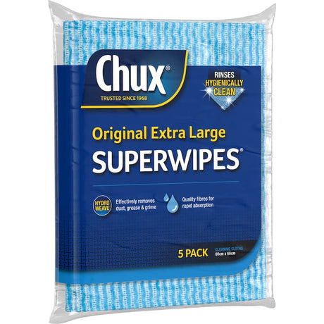 Extra-large Chux Superwipes designed for effective cleaning with unique cloth and double action holes for superior dirt pick-up.