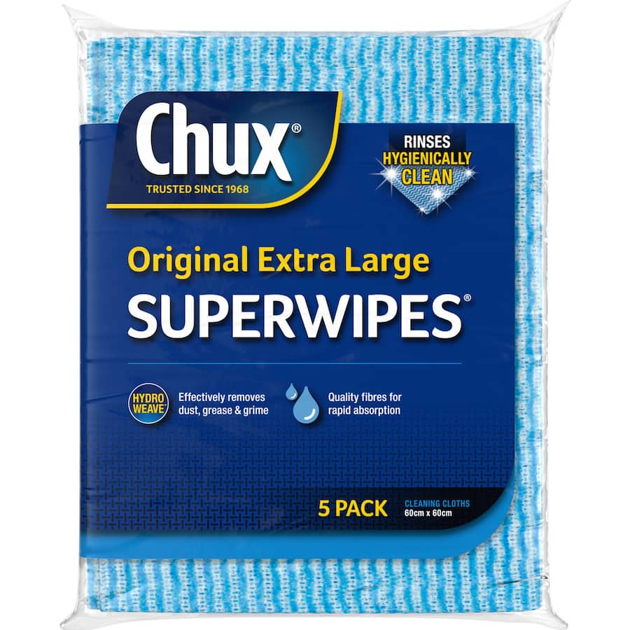 Extra-large Chux Superwipes with double action holes for superior dirt pick-up, reusable for efficient home cleaning.