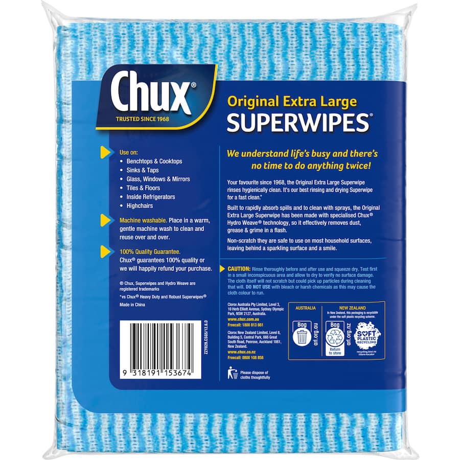 Extra-large Chux Superwipes with open weave cloth for superior dirt pick-up and hygienic rinsing in household cleaning.