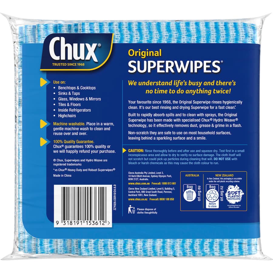 Chux Superwipes Original: Durable, eco-friendly cleaning wipes with double-action holes for effective dirt and residue removal.