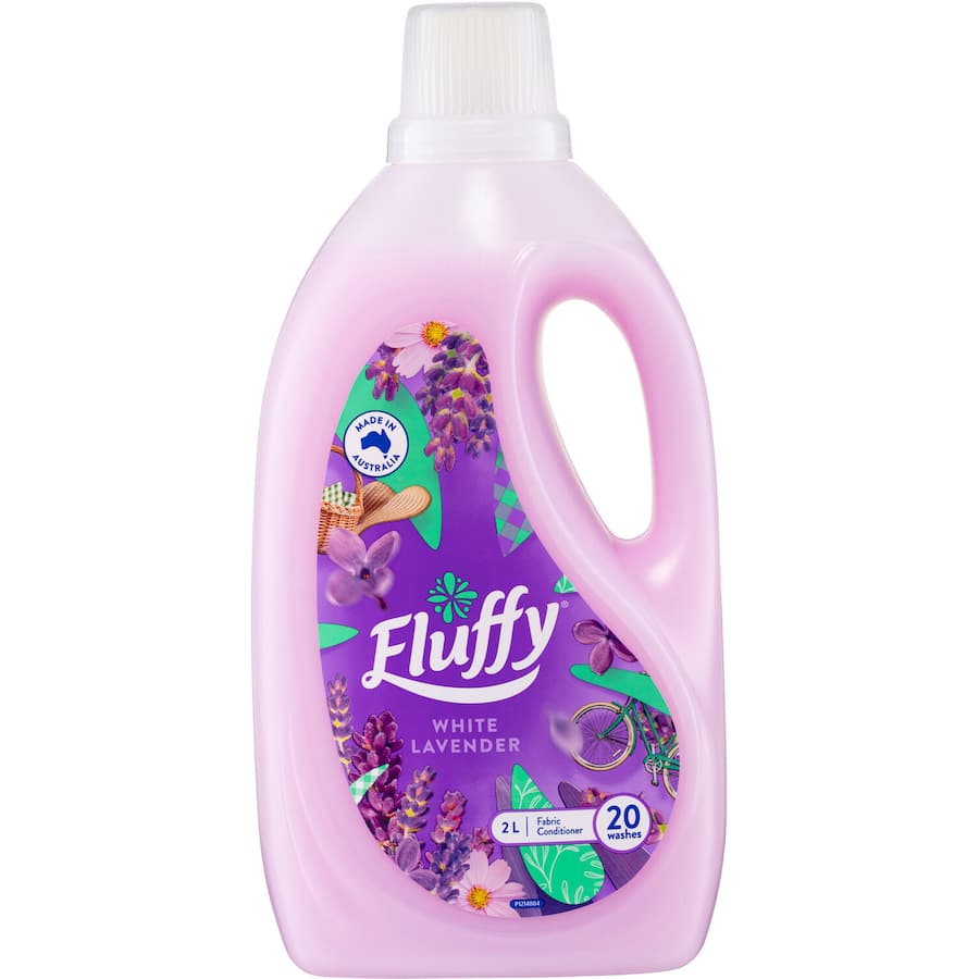 Fluffy Fabric Softener Conditioner in White Lavender for soft, fragrant clothes; eco-friendly, compatible with all machines.