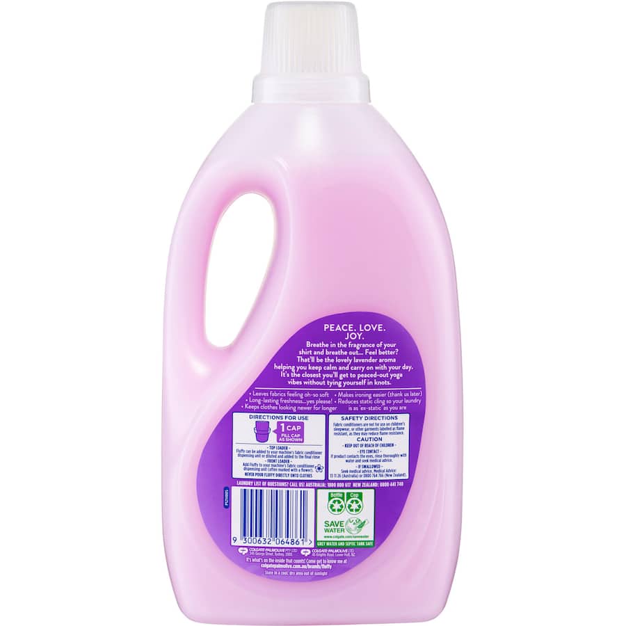 Fluffy Fabric Softener in White Lavender, infuses laundry with softness and calming lavender scent for fresh, vibrant clothes.