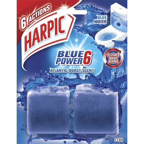 Harpic Blue Power Toilet Block in marine blue, providing powerful foaming action for a hygienically clean and fresh toilet.