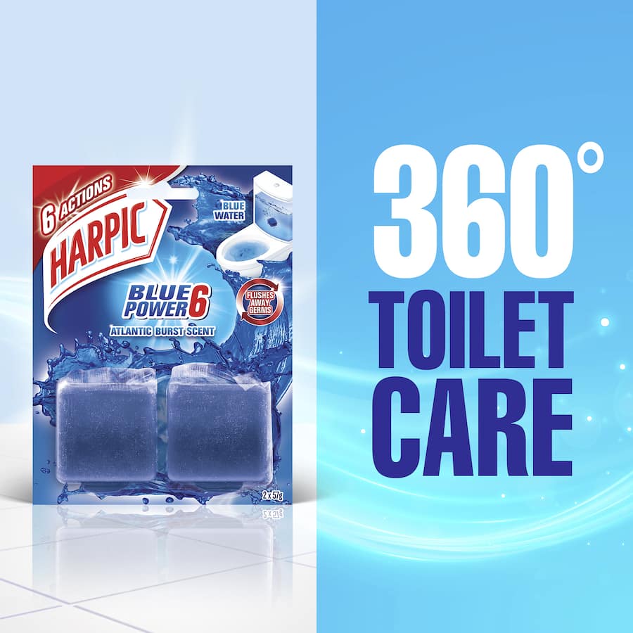 Harpic Blue Power Toilet Block in marine blue, providing effective foaming clean and fresh scent with every flush.