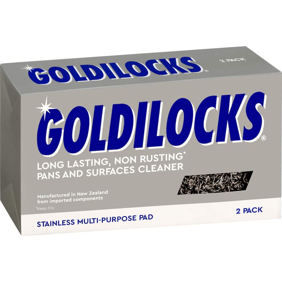 Goldilocks stainless steel scourer twin pack for rust-free, durable cleaning of pots, pans, and various household tasks.