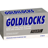 Goldilocks stainless steel scourer twin pack for rust-free, durable cleaning of pots, pans, and various household tasks.