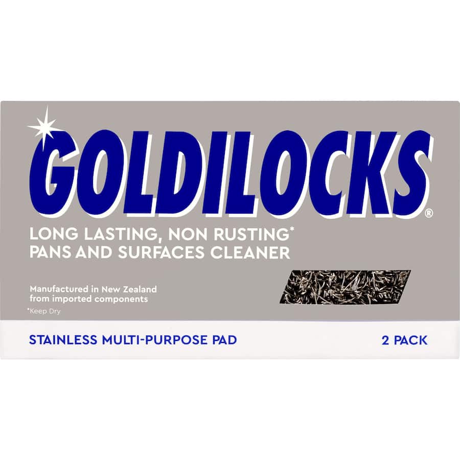 Goldilocks Stainless Steel Scourer twin pack for rust-free, multi-purpose cleaning of pots, pans, and various surfaces.