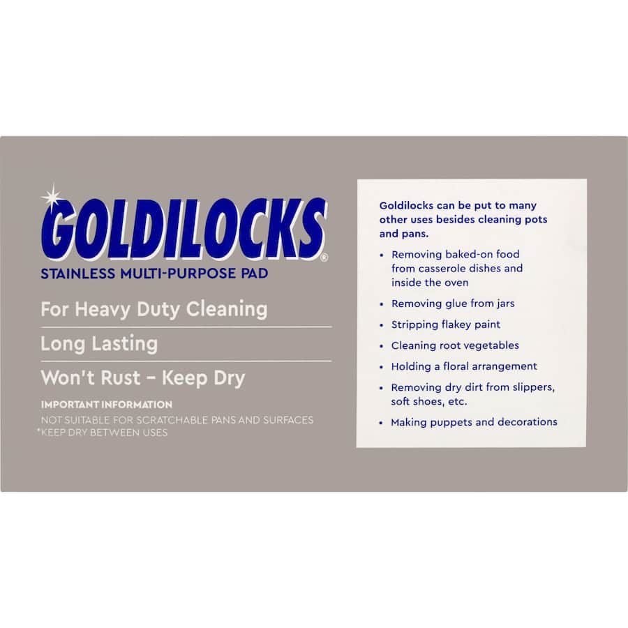 Goldilocks stainless steel scourer twin pack for rust-free, multi-purpose cleaning of kitchenware and household items.
