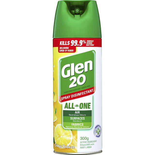 Glen 20 Disinfectant Spray Citrus Breeze: Powerful spray kills 99.9% of germs, fresh Citrus scent, perfect for any surface.