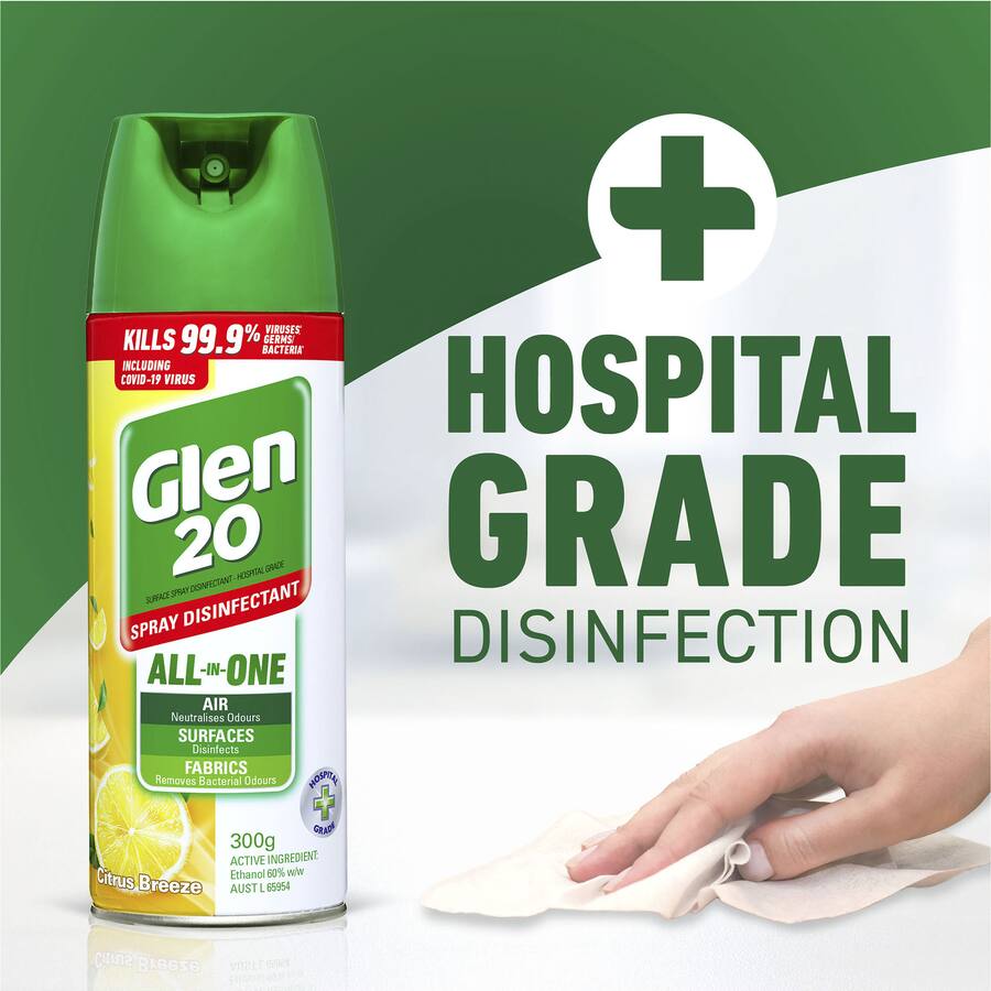 Glen 20 Disinfectant Spray in Citrus Breeze scent, kills 99.9% of germs on surfaces for a fresh and safe home.