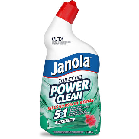 Eucalyptus-scented toilet cleaner gel for effective stain removal and antibacterial protection, ensuring a fresh bathroom.
