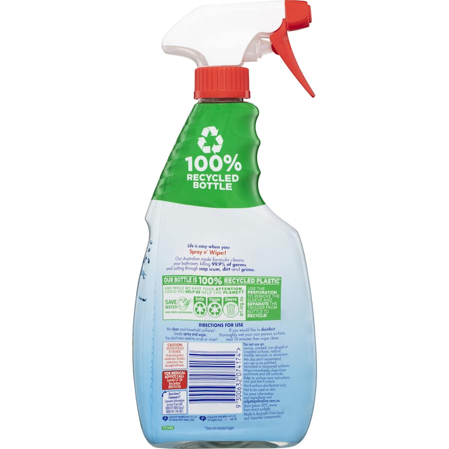 Ajax Spray N Wipe Bathroom Cleaner in 500mL bottle, effective antibacterial spray for tough soap scum and grime with Fresh Burst scent.