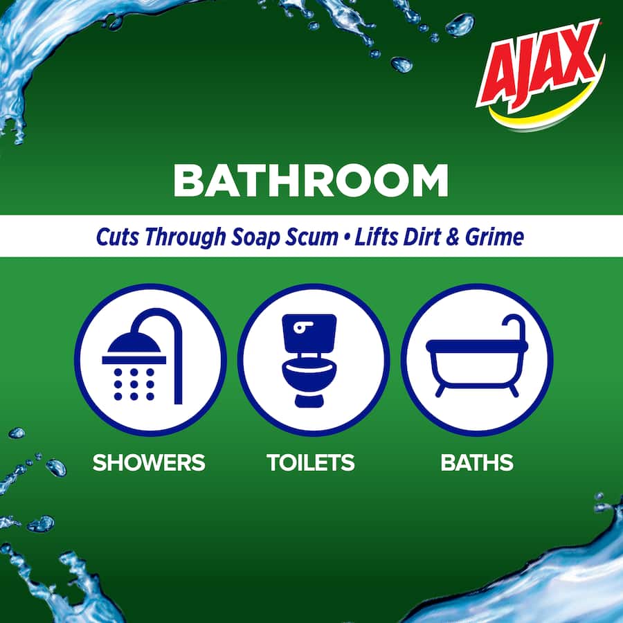 Ajax Spray N Wipe Bathroom Cleaner in a 500mL bottle, effectively kills 99.9% of germs with a refreshing Fresh Burst scent.