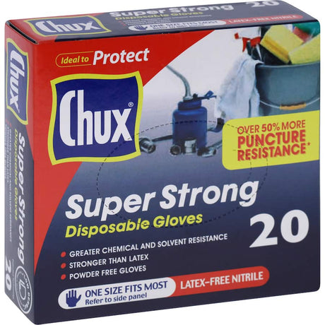 Chux Super Strong Disposable Gloves: durable, ambidextrous gloves for hygiene in food handling, cleaning, and medical settings.