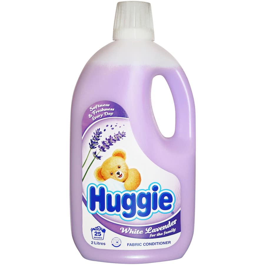 Huggie Fabric Softener in White Lavender, creating softness and freshness with a soothing lavender scent for all fabrics.