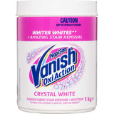 Vanish Napisan Oxi Action Stain Remover Crystal White Powder for powerful stain removal, safe on colors and whites, antibacterial action.