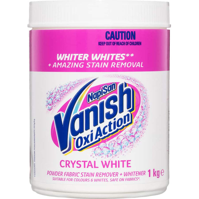 Vanish Napisan Oxi Action Stain Remover Crystal White Powder for powerful stain removal, safe on colors and whites, antibacterial action.