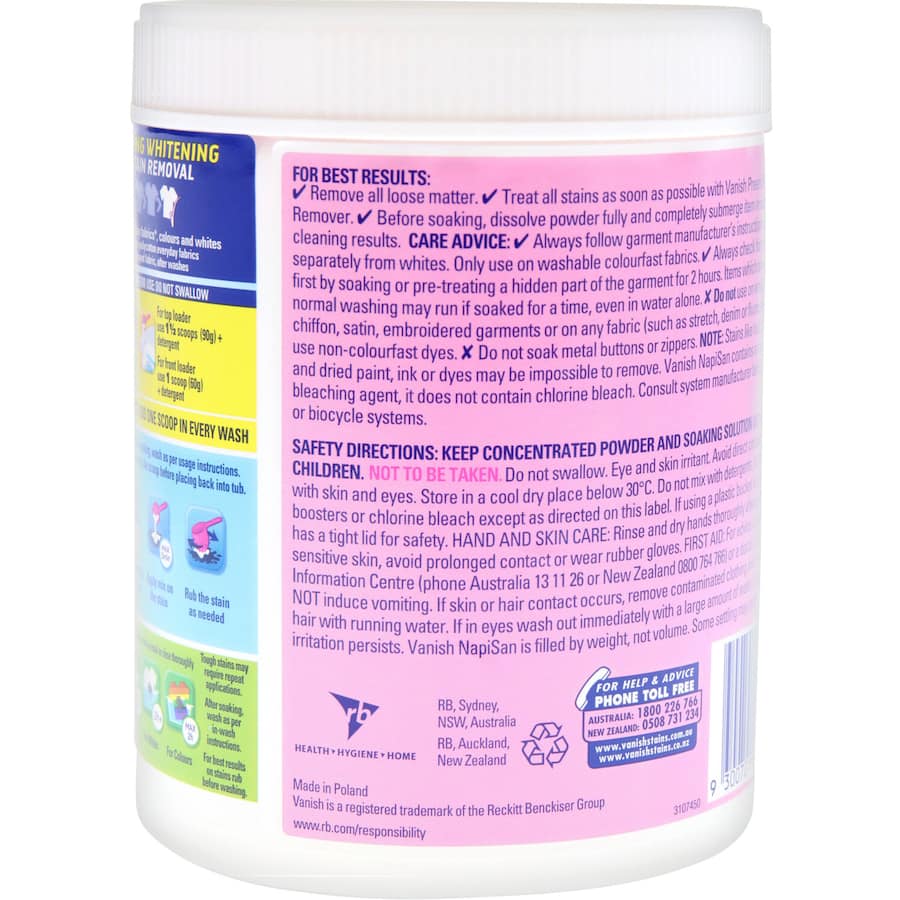 Vanish Napisan Oxi Action Stain Remover Crystal White Powder for effective stain removal and whiter whites on all fabrics.