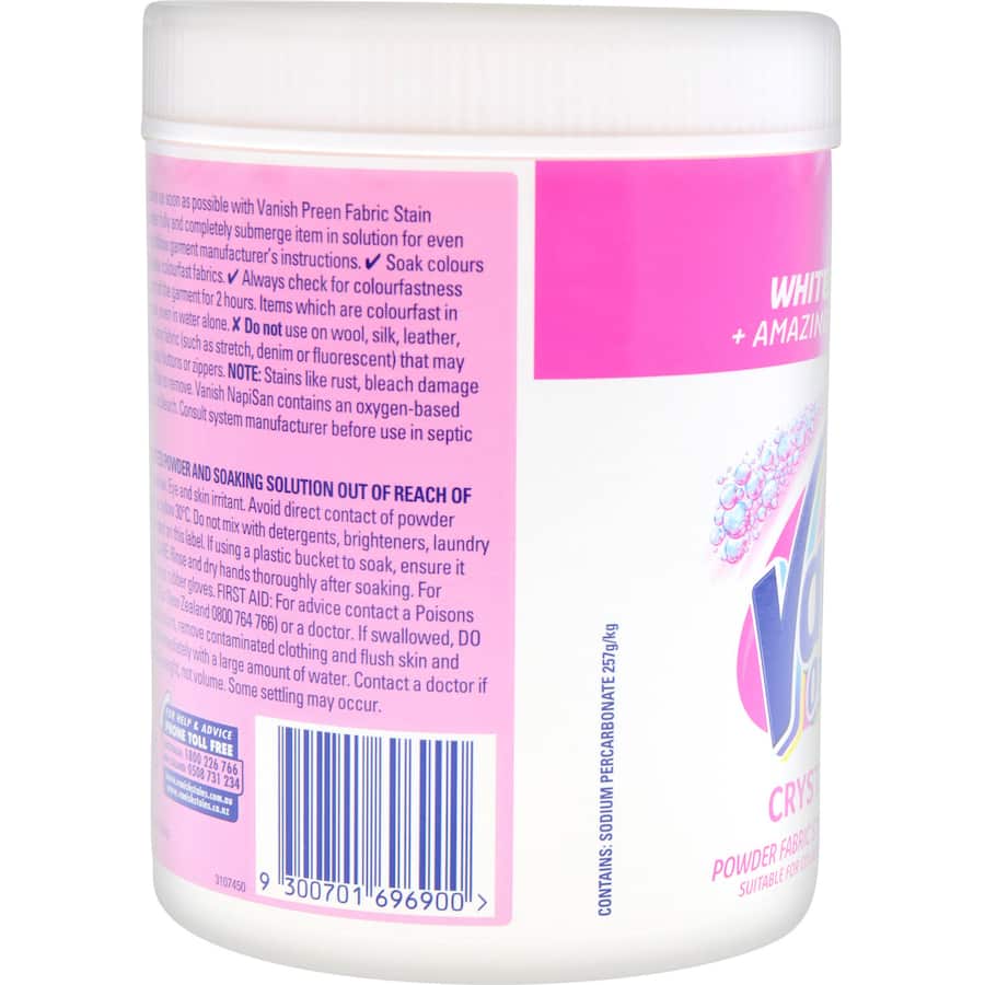 Vanish Napisan Oxi Action Crystal White Powder for powerful stain removal, ensuring whiter whites and safe on all fabrics.