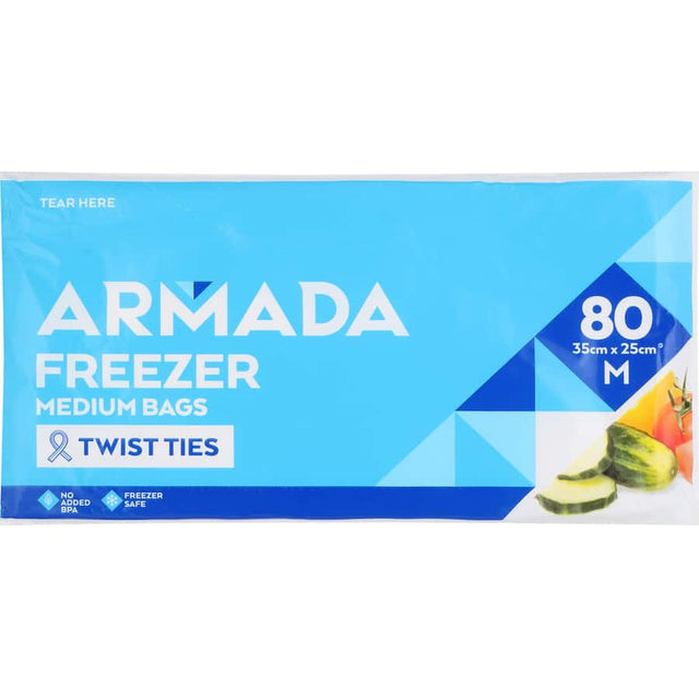 Armada Medium Freezer Bags - 80 pack, 35cm x 25cm, durable, twist ties, perfect for leftovers and meal prep.