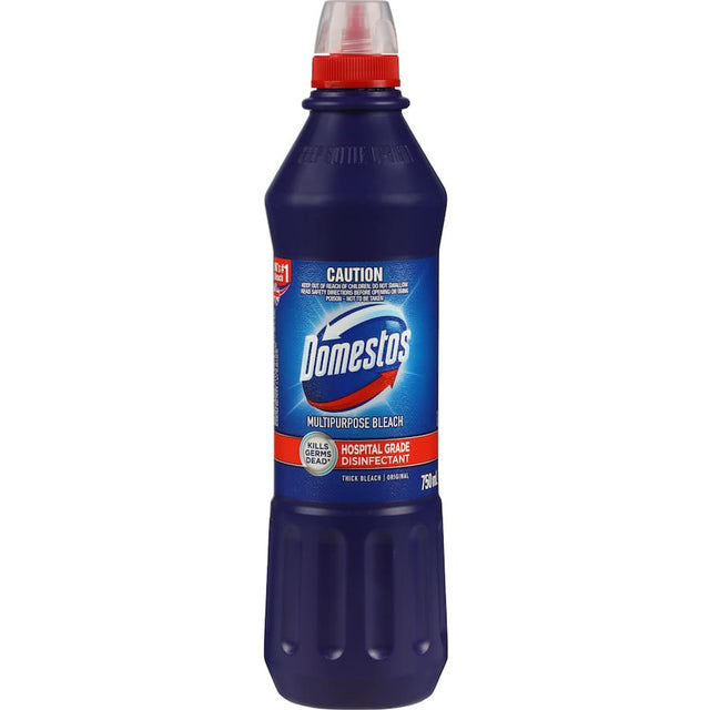 Domestos Multipurpose Bleach Regular, a thick disinfectant killing 99.9% of germs, ideal for cleaning surfaces and toilets.