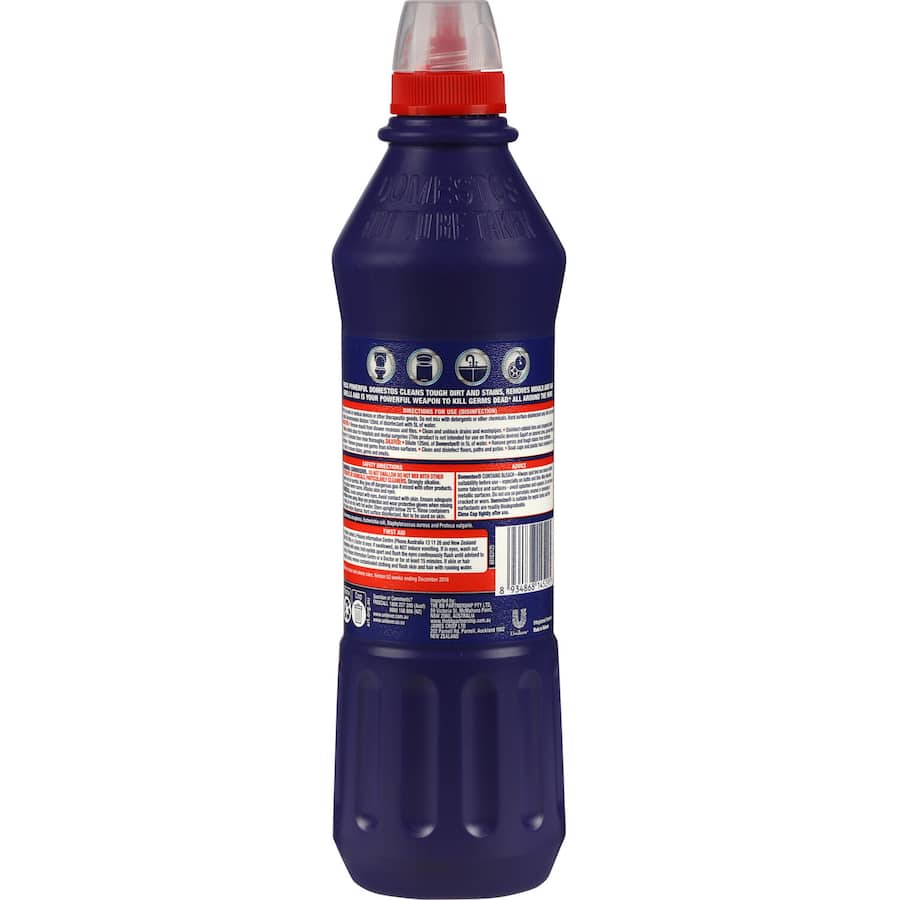 Domestos Multipurpose Bleach Regular bottle, a powerful disinfectant killing 99.9% of germs for effective home cleaning.