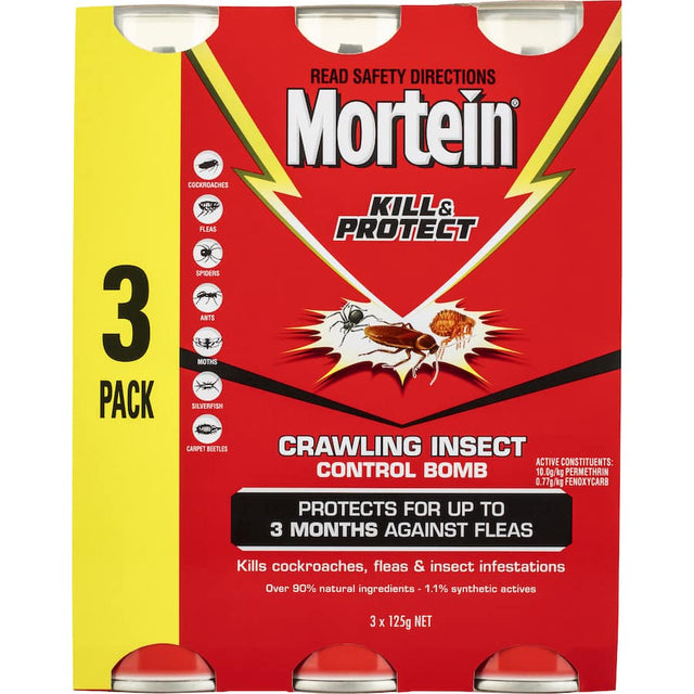 Mortein Kill & Protect Crawling Insect Bomb, a powerful solution for killing fleas and other crawling insects for 3 months.
