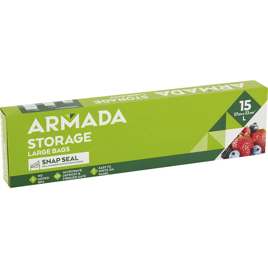 Armada Plastic Bags in a 15-pack for efficient food storage, microwave-safe, freezer-safe, and resealable to maintain freshness.