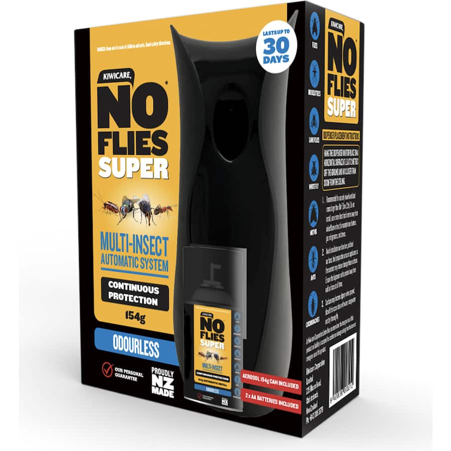 No Flies Super Automatic Insect Control system with sleek black design, providing odourless, continuous protection from insects.