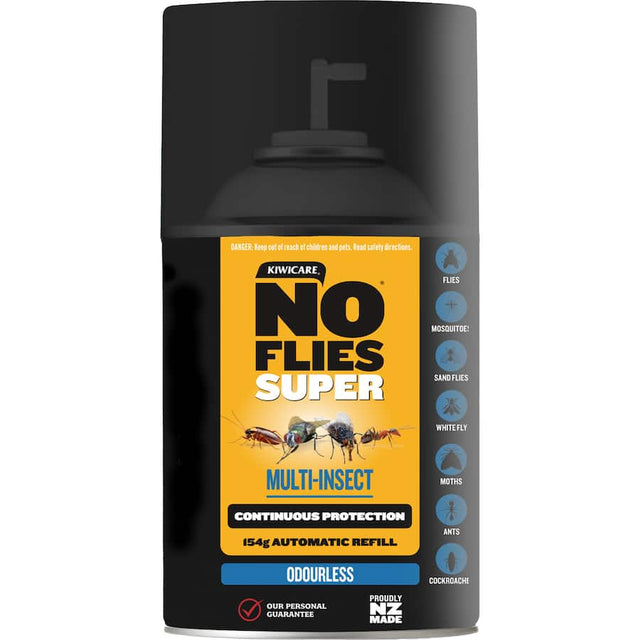 Kiwicare No Flies spray shown in a home setting, providing effective, odourless pest control for flying and crawling insects.
