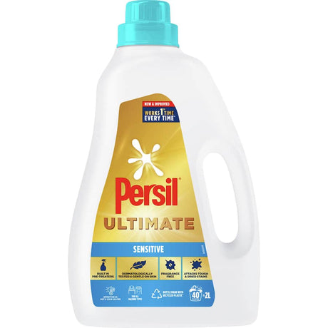 Persil Laundry Liquid Ultimate Sensitive bottle, designed for tough stains and sensitive skin, in eco-friendly packaging.