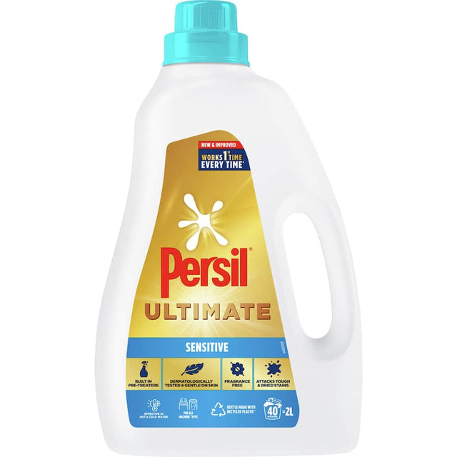 Persil Laundry Liquid Ultimate Sensitive bottle, designed for tough stains and sensitive skin, in eco-friendly packaging.