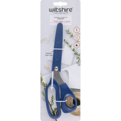 Wiltshire General Purpose Scissors with ergonomic handle, sharp stainless steel blade, and protective cover for versatile use.