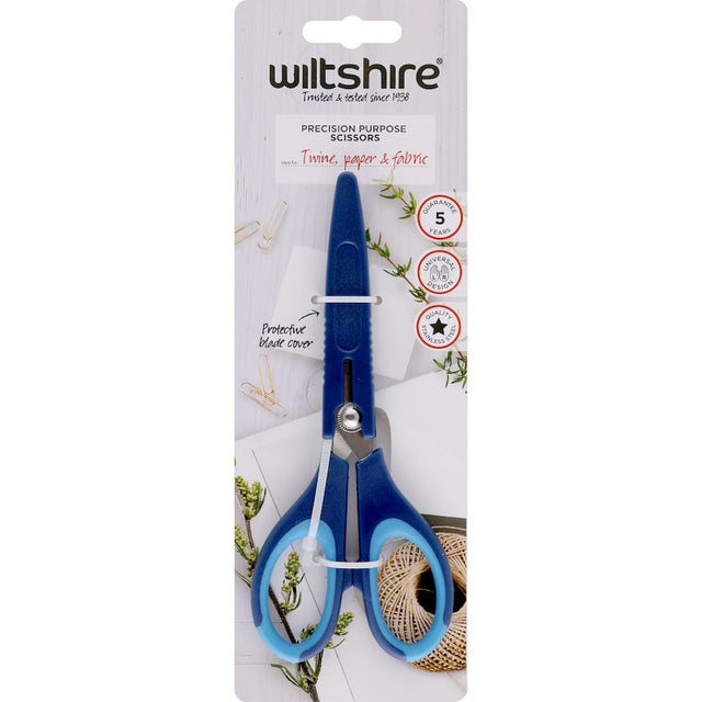 Wiltshire Precision Purpose Scissors with ergonomic grip, sharp stainless steel blade, and protective cover for safe storage.